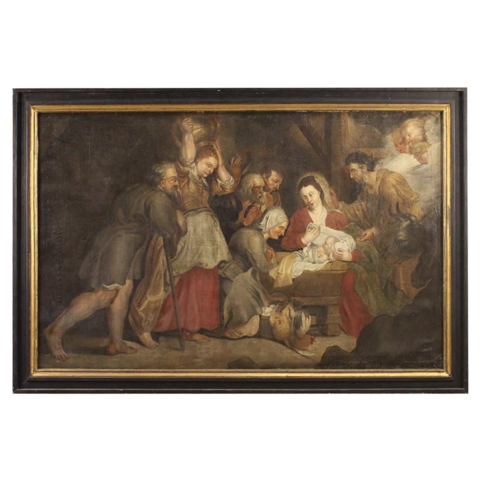 18th Century Oil on Canvas Italian Antique Religious Painting Nativity, 1770
