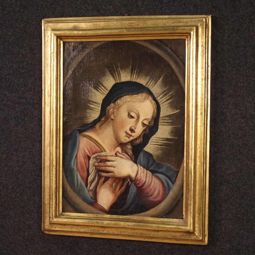 18th Century Oil on Canvas Italian Antique Religious Painting Praying Madonna For Sale 11