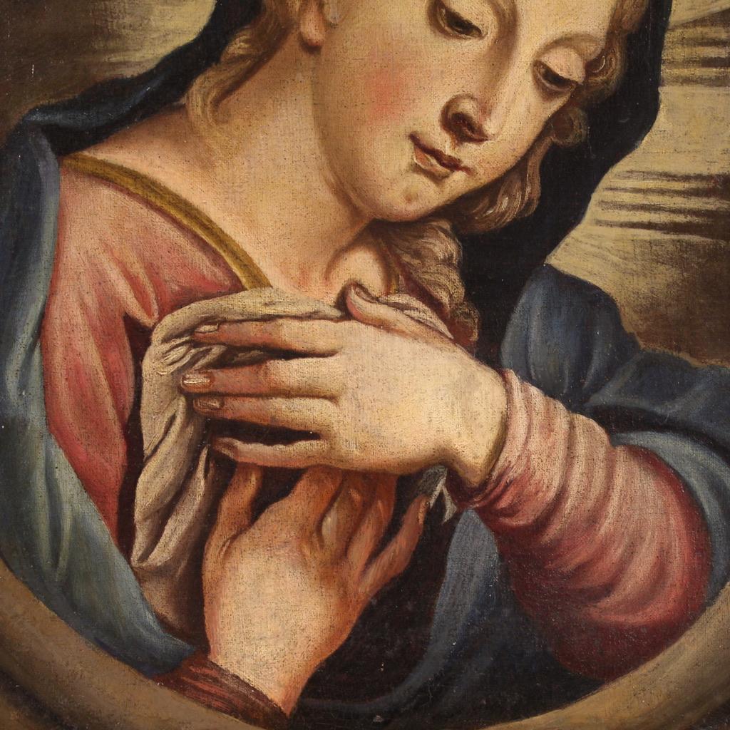 18th Century Oil on Canvas Italian Antique Religious Painting Praying Madonna In Good Condition For Sale In Vicoforte, Piedmont