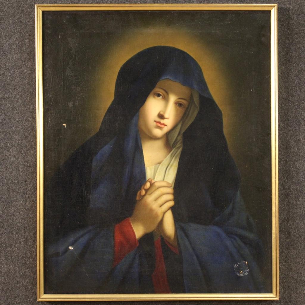 Antique Italian painting from the late 18th century. Framework oil on canvas depicting a praying Virgin religious subject of excellent pictorial quality. Framework of good size and pleasant impact, for antique dealers, decorators and collectors of