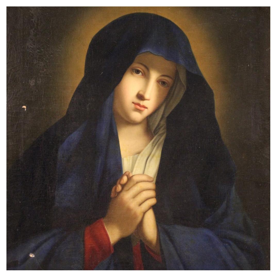 18th Century Oil on Canvas Italian Antique Religious Painting Praying Virgin