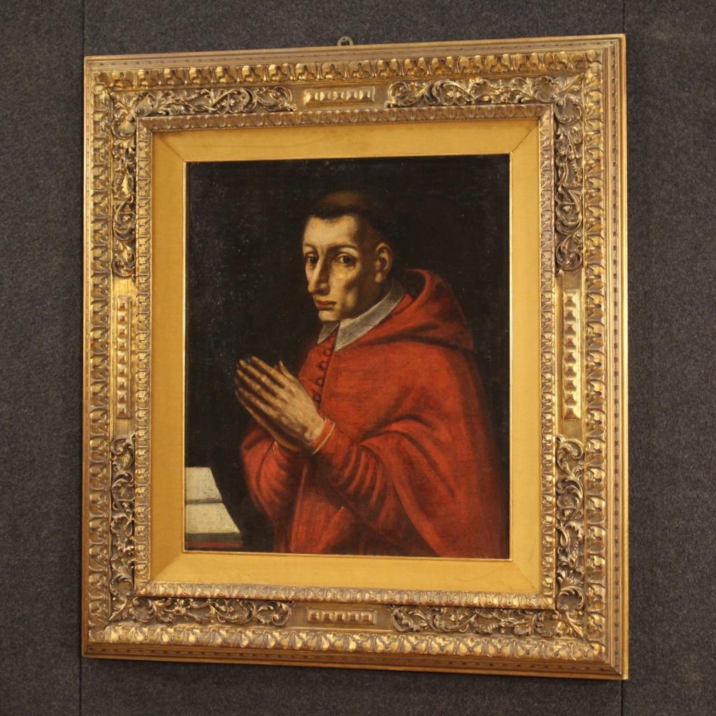 18th Century Oil on Canvas Italian Antique Religious Painting Prelate Portrait 6