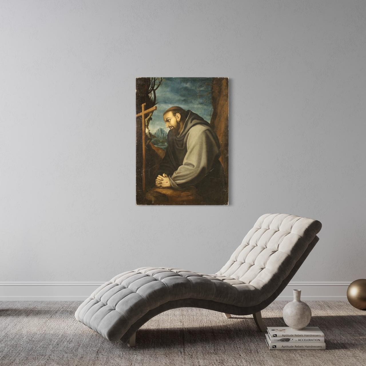 Italian painting from 18th century. Oil painting on canvas, already backed again, depicting a subject of sacred art, Saint Francis of good pictorial quality. Large impact painting, adorned with a landscape in the background and a wooden crucifix