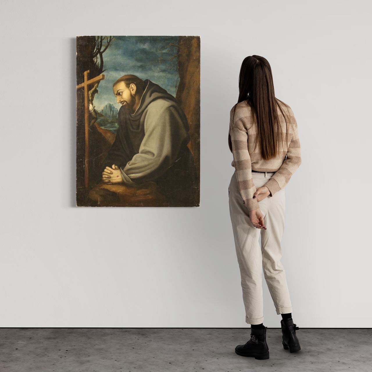 18th Century Oil on Canvas Italian Antique Religious Painting Saint Francis 1770 im Zustand „Gut“ im Angebot in Vicoforte, Piedmont