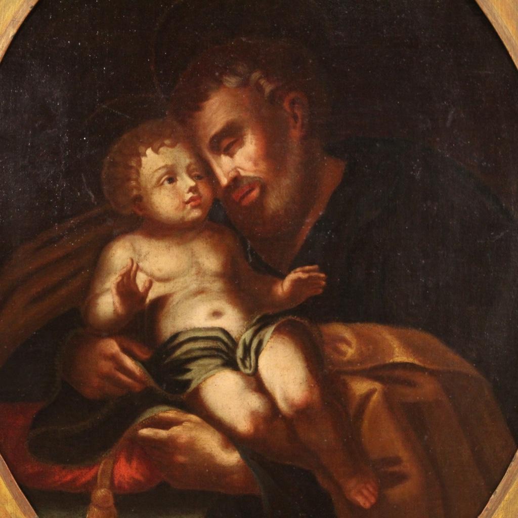 Oiled 18th Century Oil on Canvas Italian Antique Religious Painting Saint Joseph, 1750 For Sale