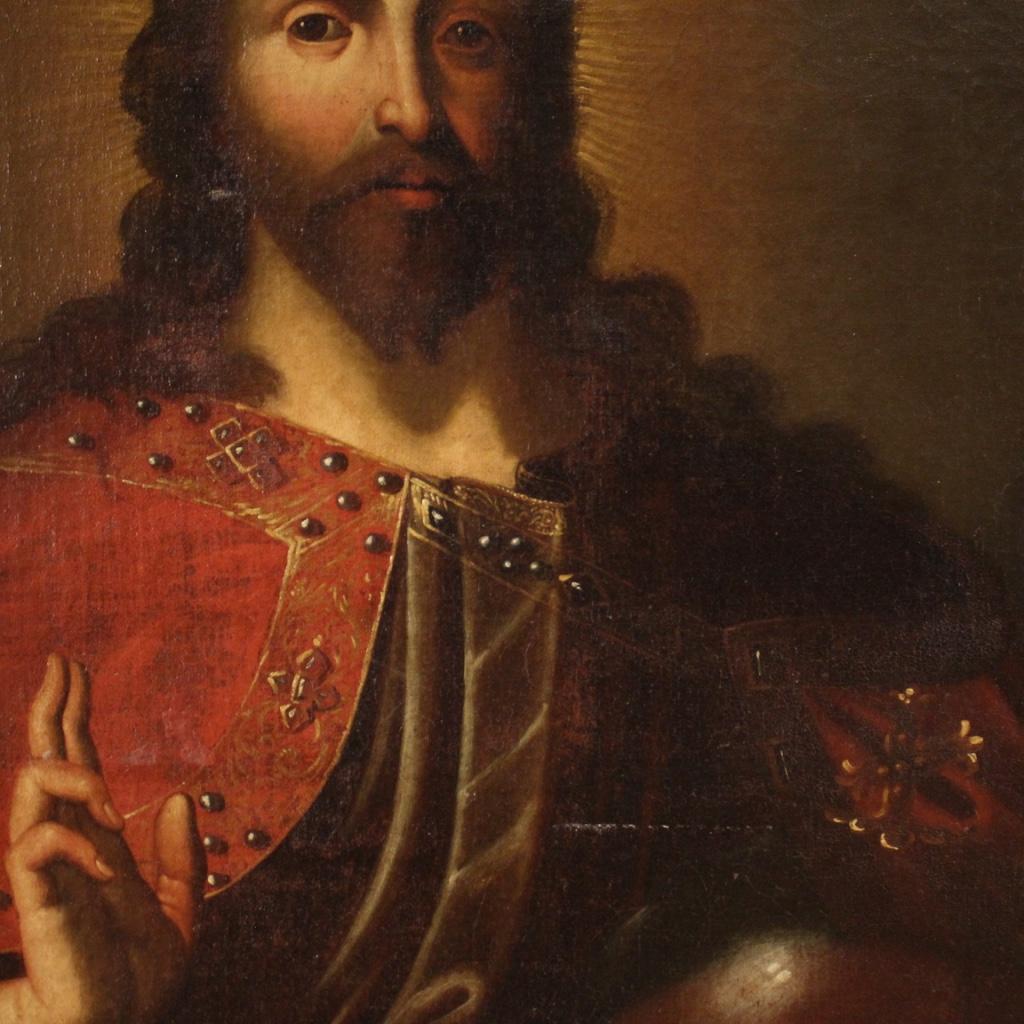 18th Century Oil on Canvas Italian Antique Religious Painting Salvator Mundi 7