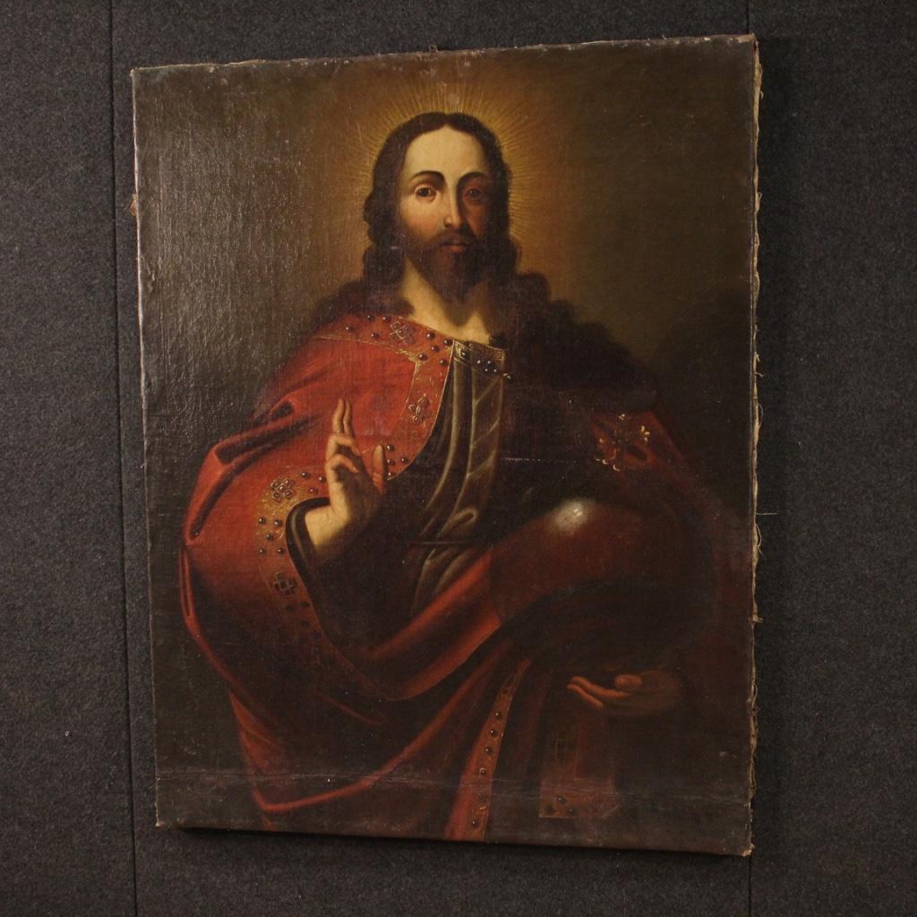 18th Century Oil on Canvas Italian Antique Religious Painting Salvator Mundi 8