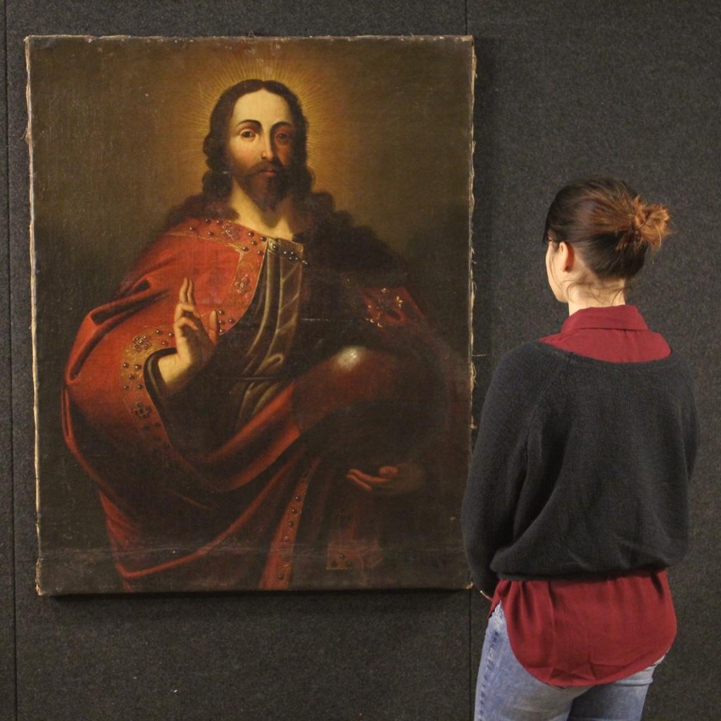 18th Century Oil on Canvas Italian Antique Religious Painting Salvator Mundi In Good Condition In Vicoforte, Piedmont