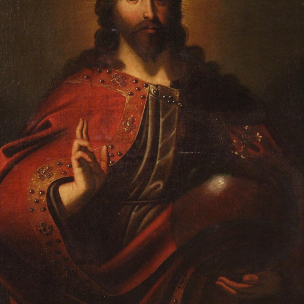 18th Century Oil on Canvas Italian Antique Religious Painting Salvator Mundi 1
