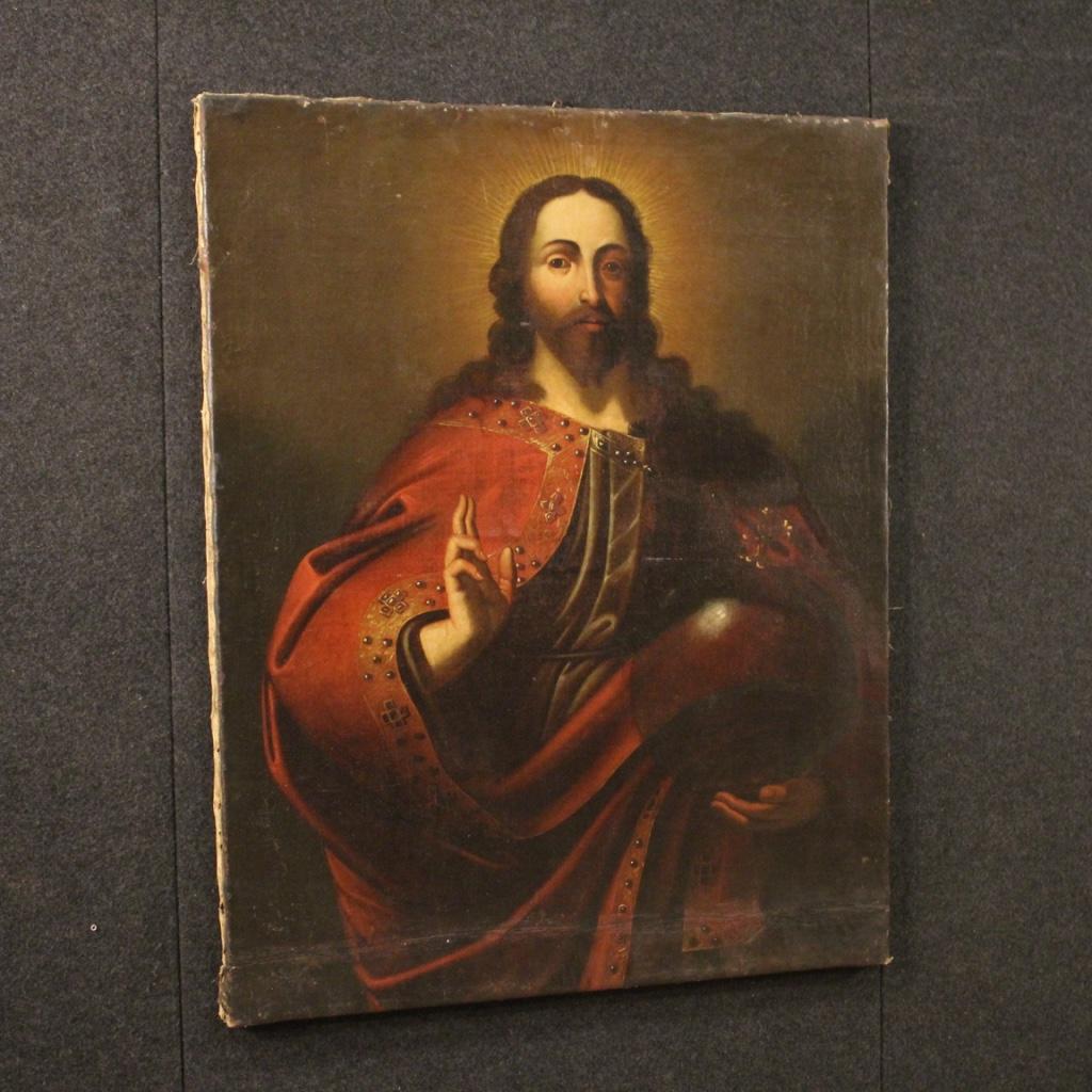 18th Century Oil on Canvas Italian Antique Religious Painting Salvator Mundi 5