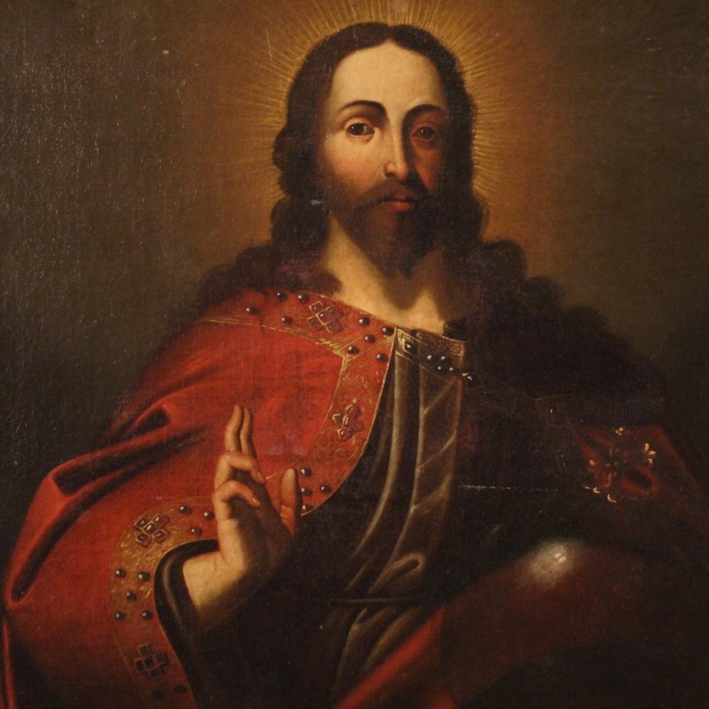 Antique Italian painting from 18th century. Framework in oil on canvas, already backed again over time, depicting religious subject of sacred art, Salvator Mundi. Exceptional quality painting finished in the smallest details, for antique dealers and