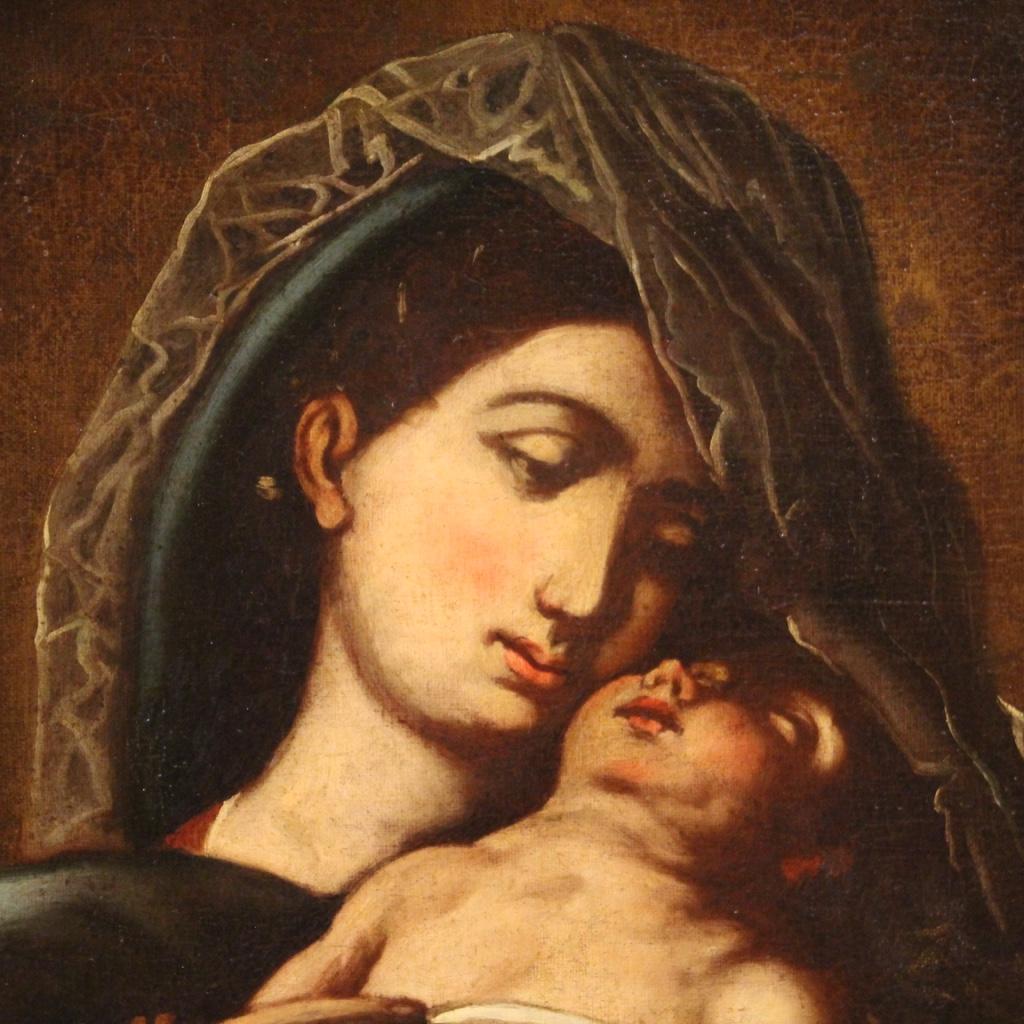 18th Century Oil on Canvas Italian Antique Religious Painting Virgin with Child In Fair Condition In Vicoforte, Piedmont