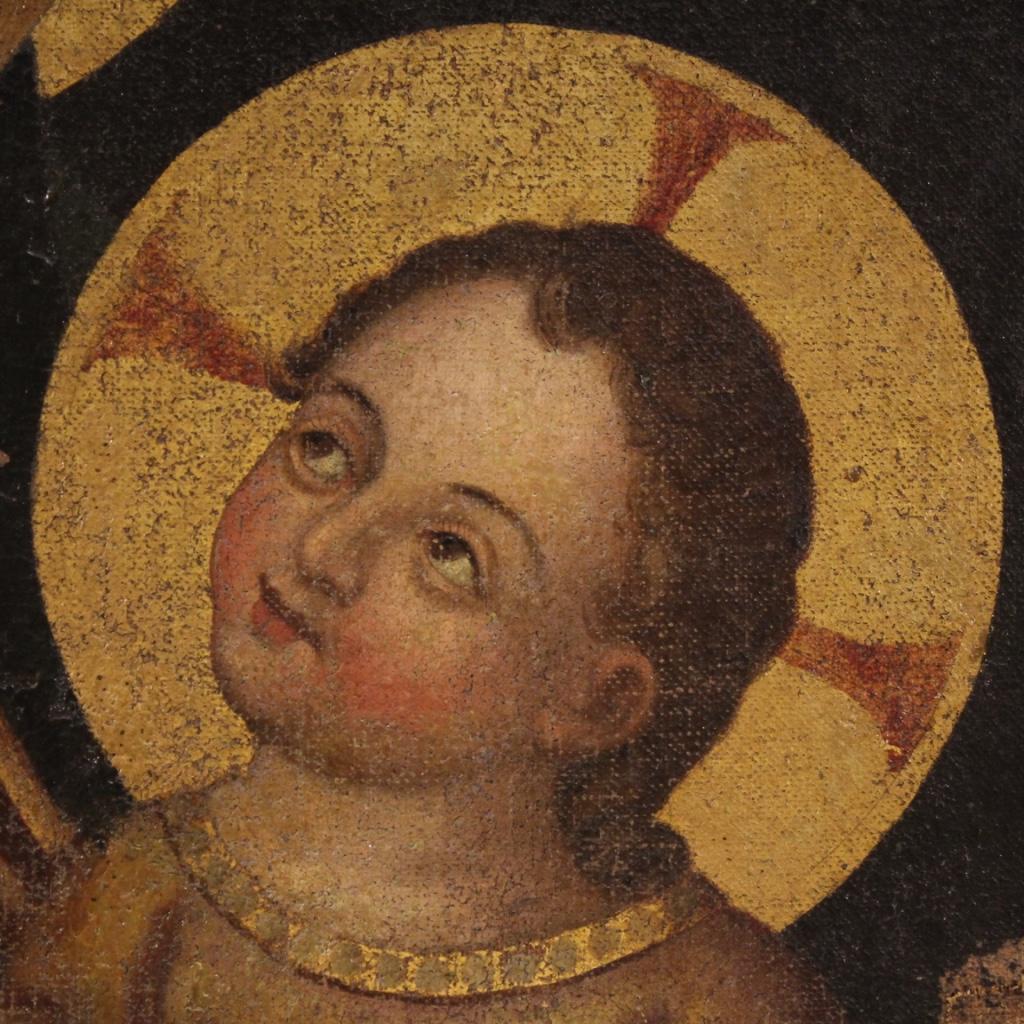 18th Century Oil on Canvas Italian Antique Religious Painting Virgin with Child In Fair Condition For Sale In Vicoforte, Piedmont