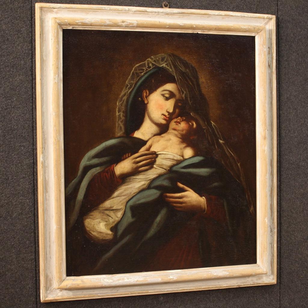 18th Century Oil on Canvas Italian Antique Religious Painting Virgin with Child 3