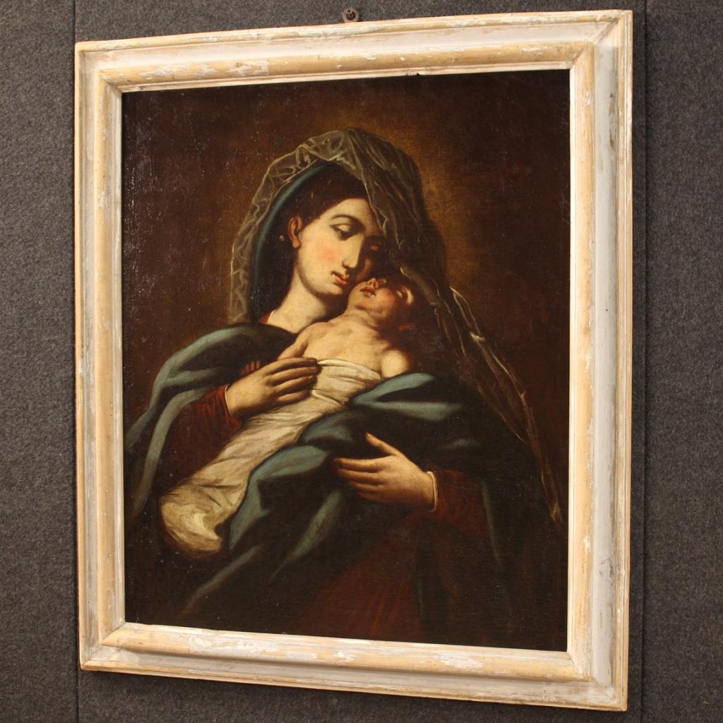 18th Century Oil on Canvas Italian Antique Religious Painting Virgin with Child 4