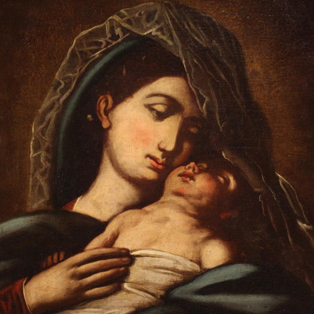 18th Century Oil on Canvas Italian Antique Religious Painting Virgin with Child 5