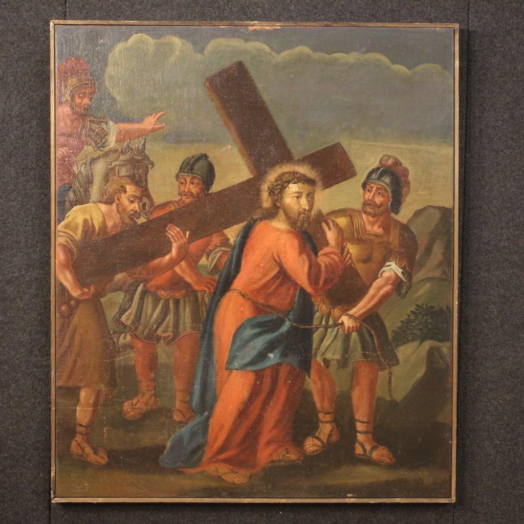Antique Italian painting from late 18th century. Oil painting on canvas depicting the subject of sacred art way of the cross of good pictorial quality. Framework for antique dealers and collectors already backed again during the second half of the