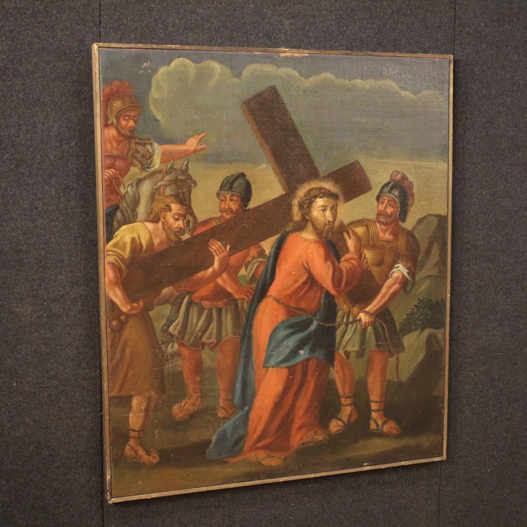 18th Century Oil on Canvas Italian Antique Religious Painting Way of the Cross 1