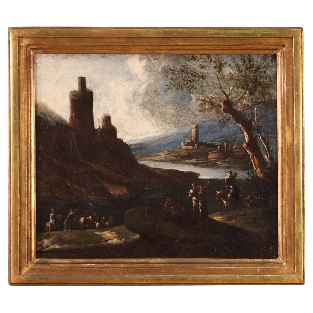 18. Jahrhundert Öl auf Leinwand Italienisch Antike Seelandschaft Landschaftsgemälde, 1730 im Angebot