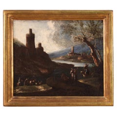 18th Century Oil on Canvas Italian Antique Seascape Landscape Painting, 1730s