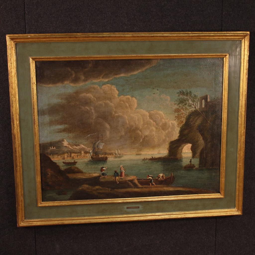 Antique Italian painting from 18th century. Oil painting on canvas depicting seascape of good pictorial quality. Painting adorned with characters, boats, ships and cities in the background (see photo). Wooden frame of the 20th century, lacquered and