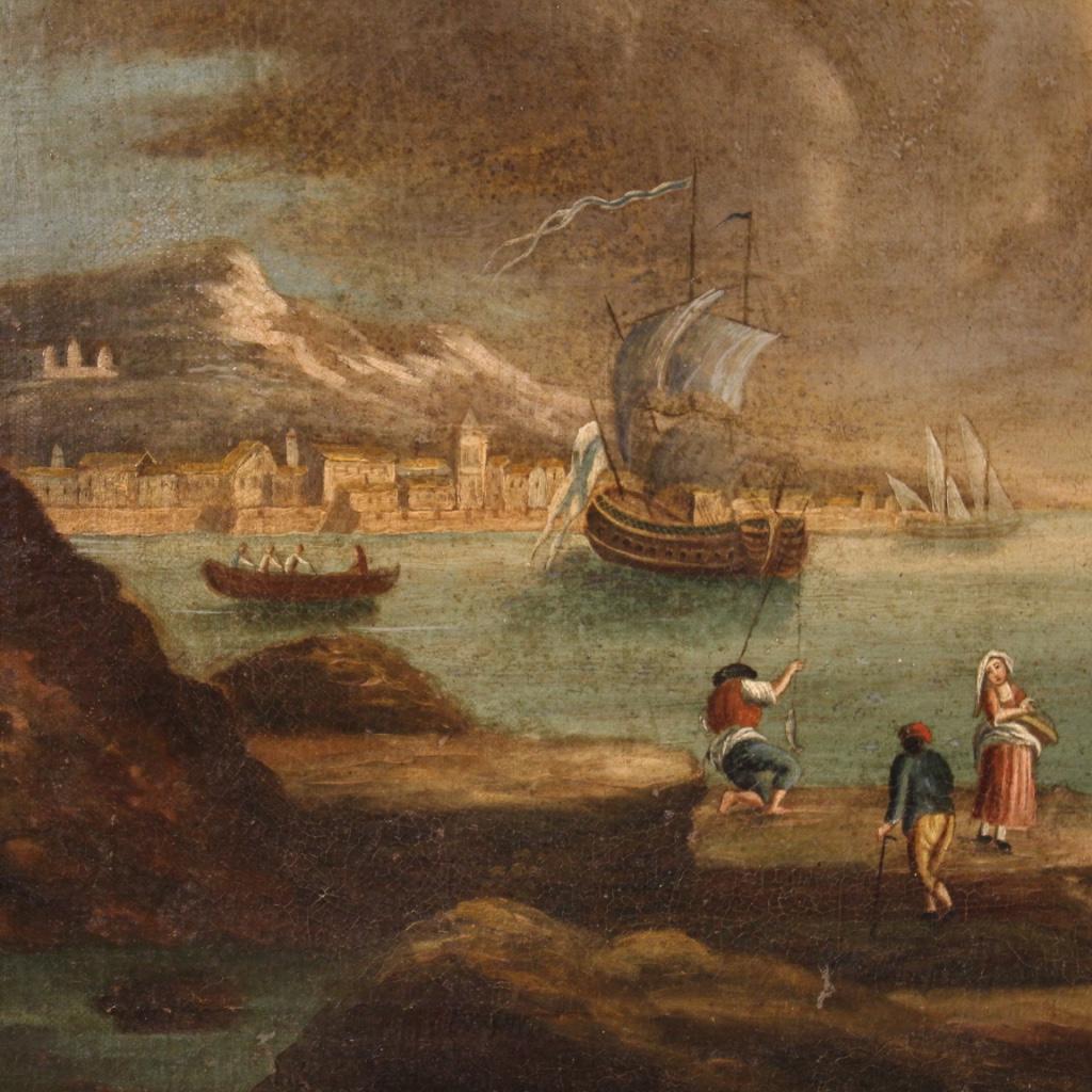 18th Century Oil on Canvas Italian Antique Seascape Painting, 1780 3