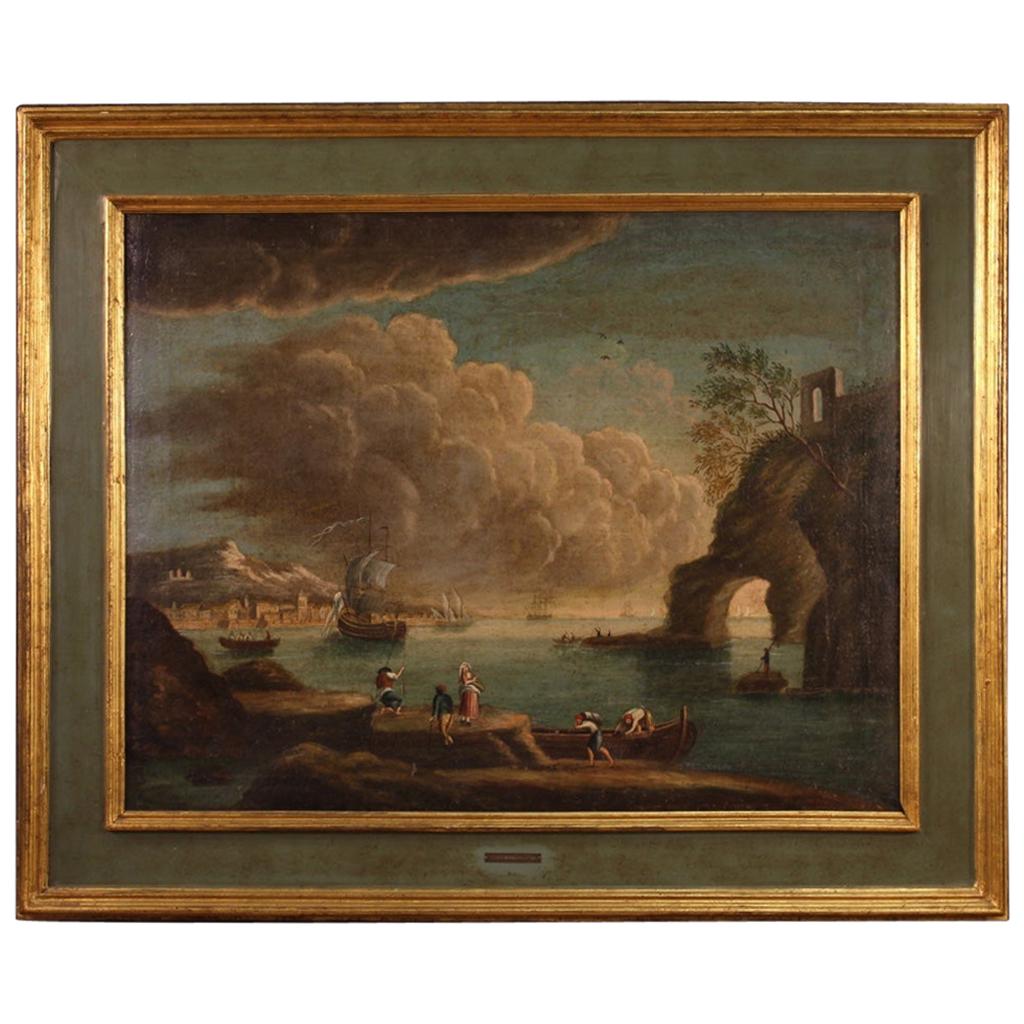18th Century Oil on Canvas Italian Antique Seascape Painting, 1780