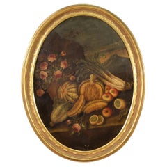 18th Century Oil on Canvas Italian Antique Still Life Oval Painting, 1740