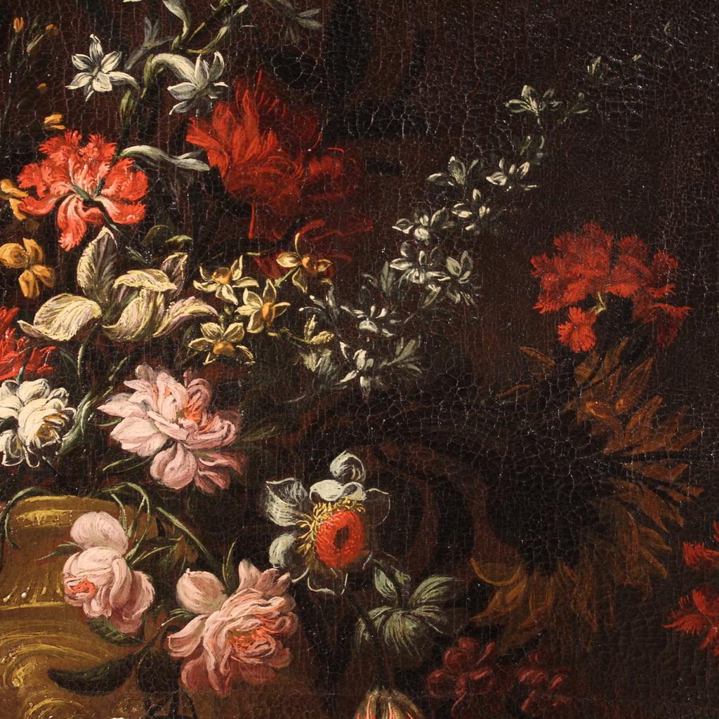 18th Century Oil on Canvas Italian Antique Still Life Flower Vase Painting, 1710 For Sale 7