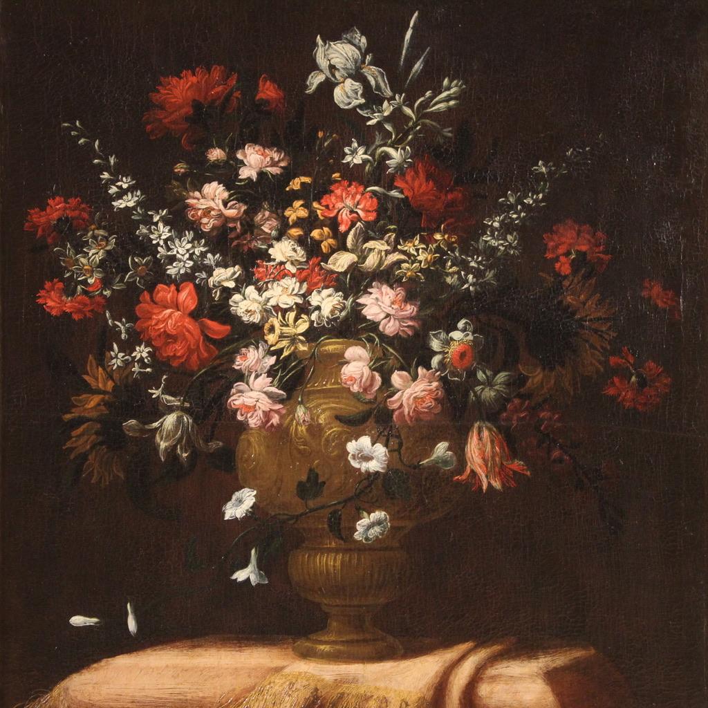 Great Italian still life from the first half of the 18th century. Artwork oil on canvas depicting an amazing vase with flowers of excellent pictorial quality. Painting of exceptional size and quality adorned with a modern sculpted, lacquered, gilded