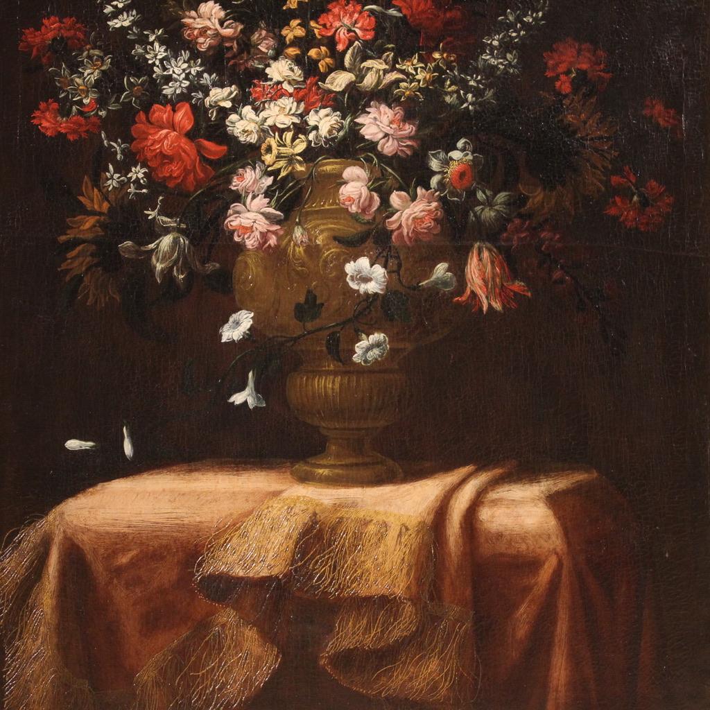 18th Century Oil on Canvas Italian Antique Still Life Flower Vase Painting, 1710 In Good Condition In Vicoforte, Piedmont