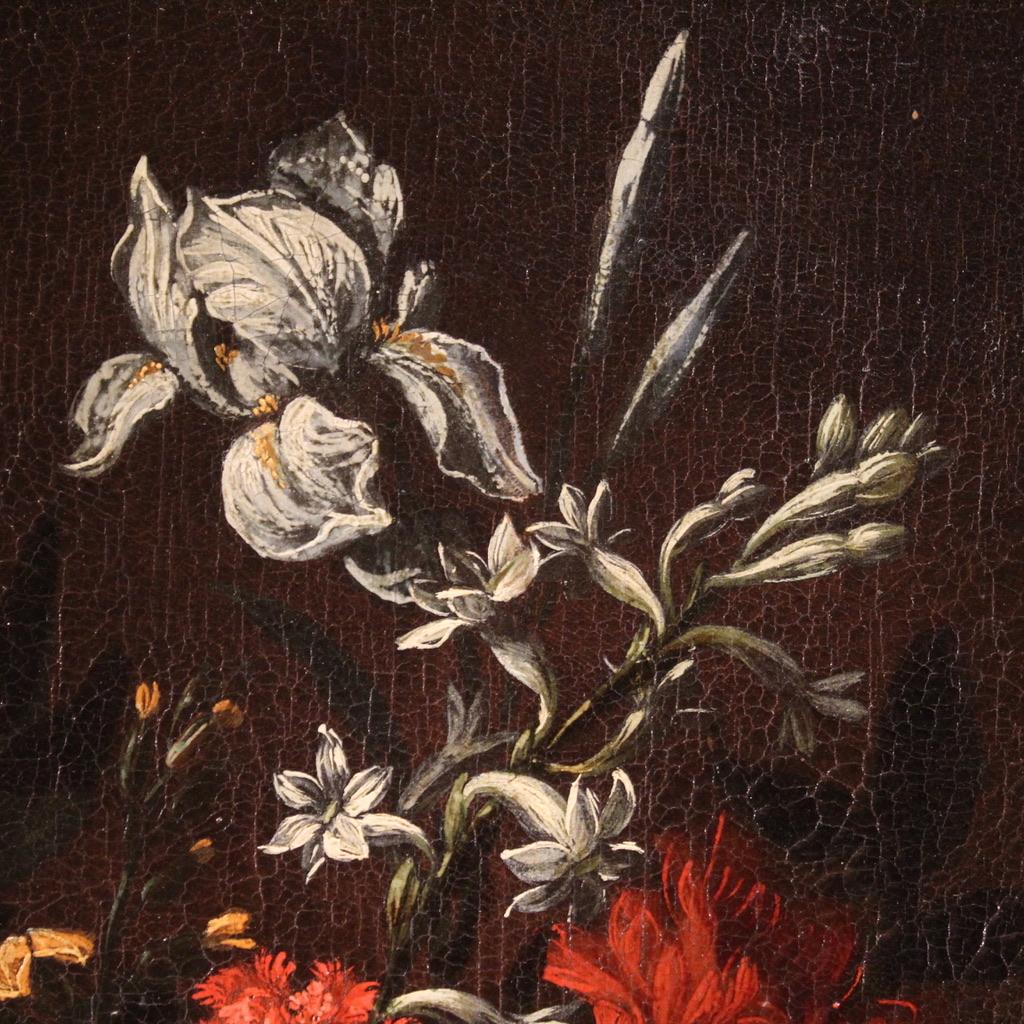 18th Century Oil on Canvas Italian Antique Still Life Flower Vase Painting, 1710 For Sale 2