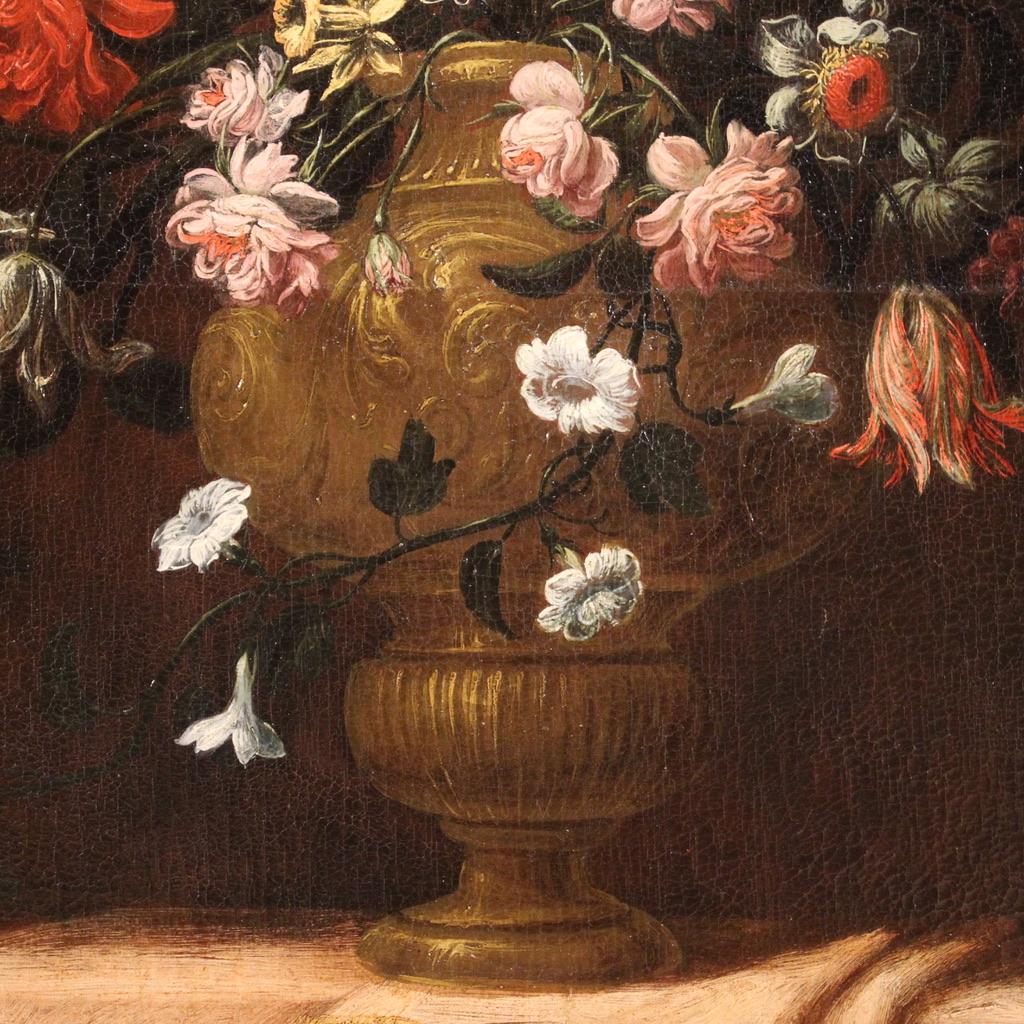 18th Century Oil on Canvas Italian Antique Still Life Flower Vase Painting, 1710 For Sale 3