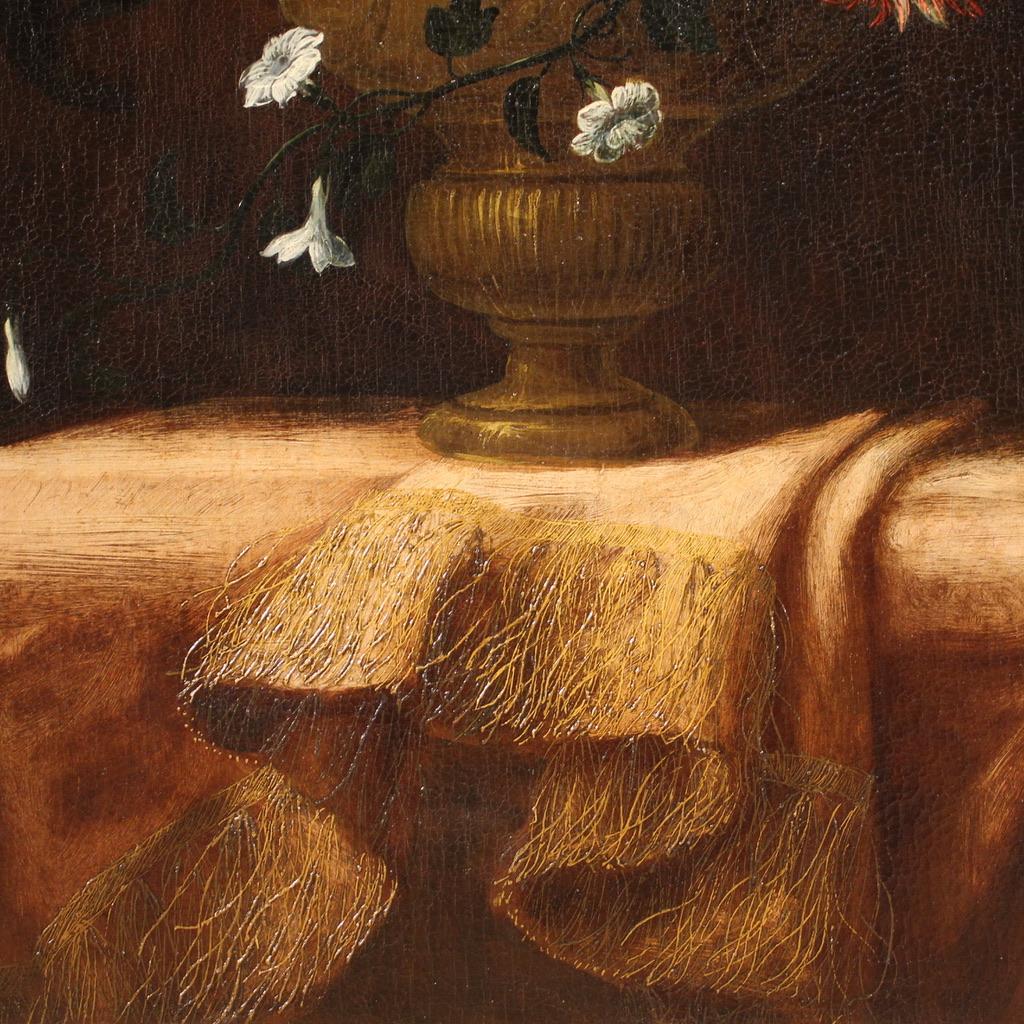 18th Century Oil on Canvas Italian Antique Still Life Flower Vase Painting, 1710 4
