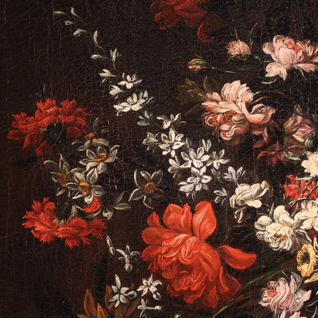 18th Century Oil on Canvas Italian Antique Still Life Flower Vase Painting, 1710 For Sale 5