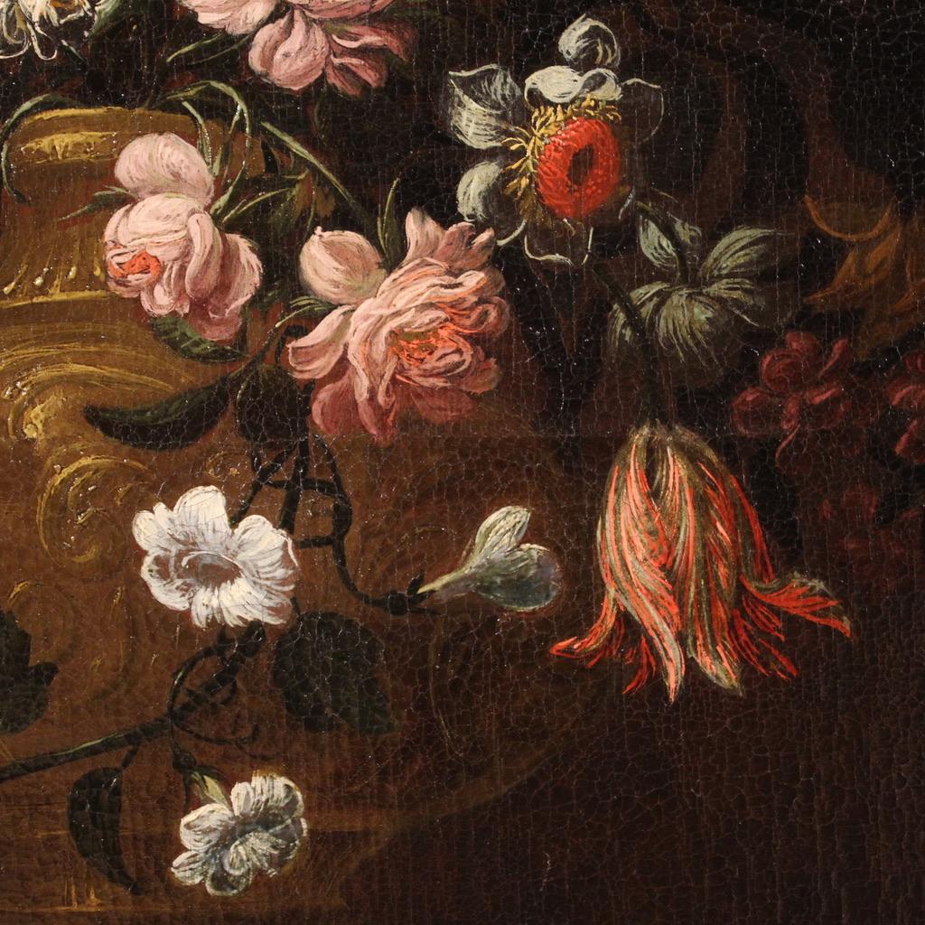 18th Century Oil on Canvas Italian Antique Still Life Flower Vase Painting, 1710 For Sale 6