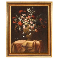 18th Century Oil on Canvas Italian Antique Still Life Flower Vase Painting, 1710