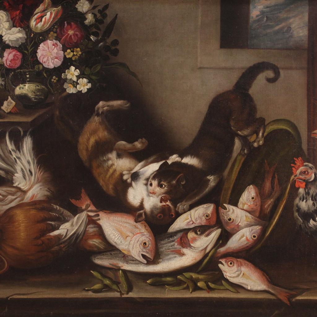 Antique Italian painting from the 18th century. Painting of great size and impact, oil on canvas, depicting a particular still life with flowers, fruit, roosters, fish and cats. Non-coeval carved and gilded wooden frame (bronze tint) with some signs