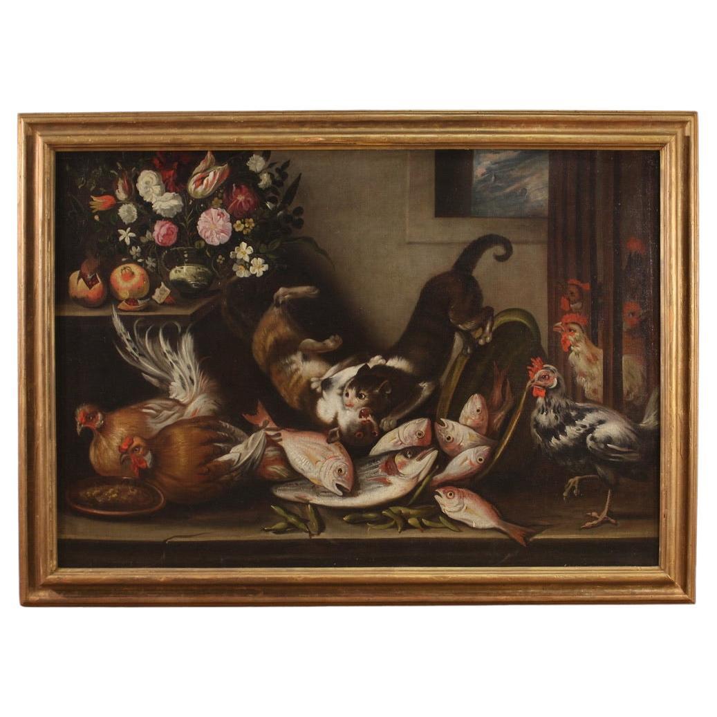 18th Century Oil on Canvas Italian Antique Still Life Painting, 1760 For Sale