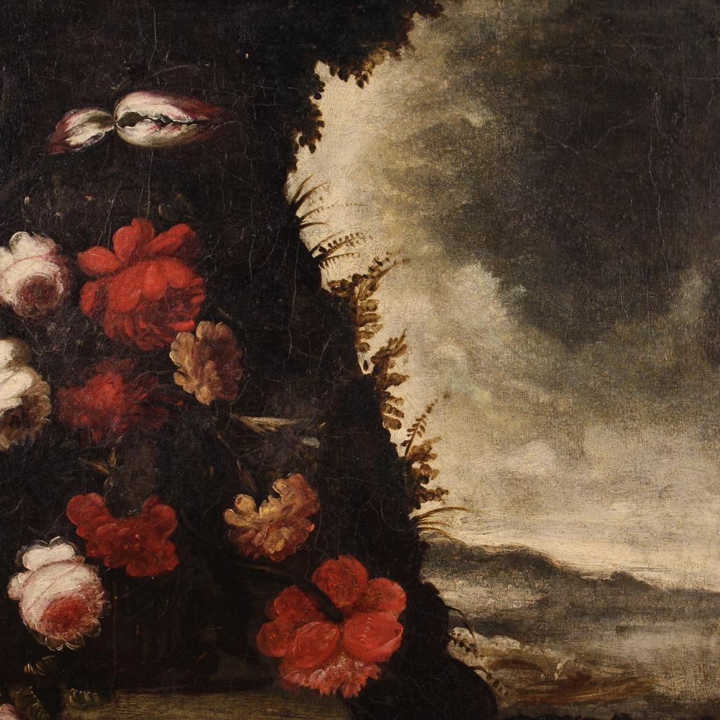 18th Century Oil on Canvas Italian Antique Still Life Painting Flowers, 1720 8
