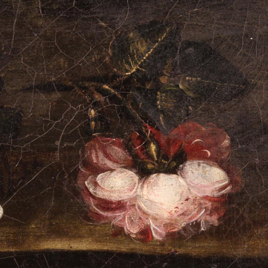 18th Century Oil on Canvas Italian Antique Still Life Painting Flowers, 1720 For Sale 7