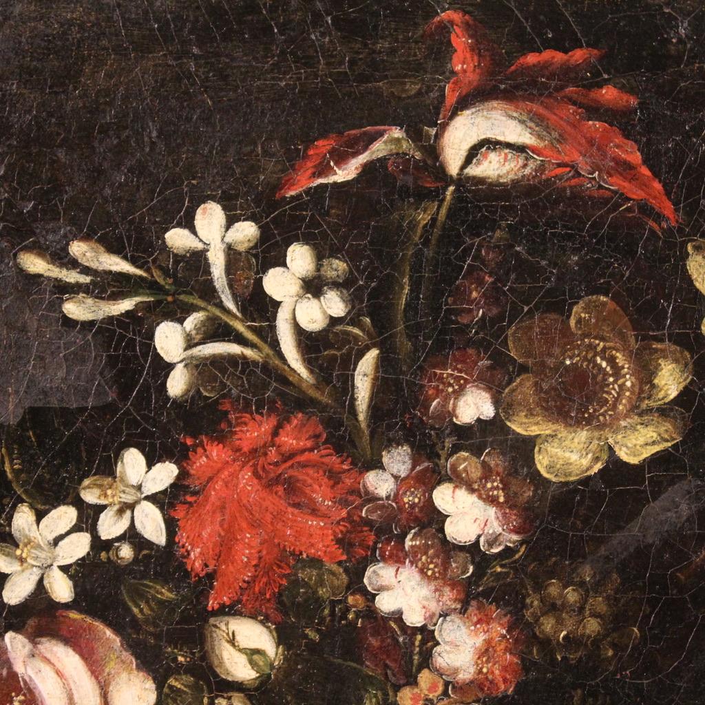 18th Century Oil on Canvas Italian Antique Still Life Painting Flowers, 1720 For Sale 8