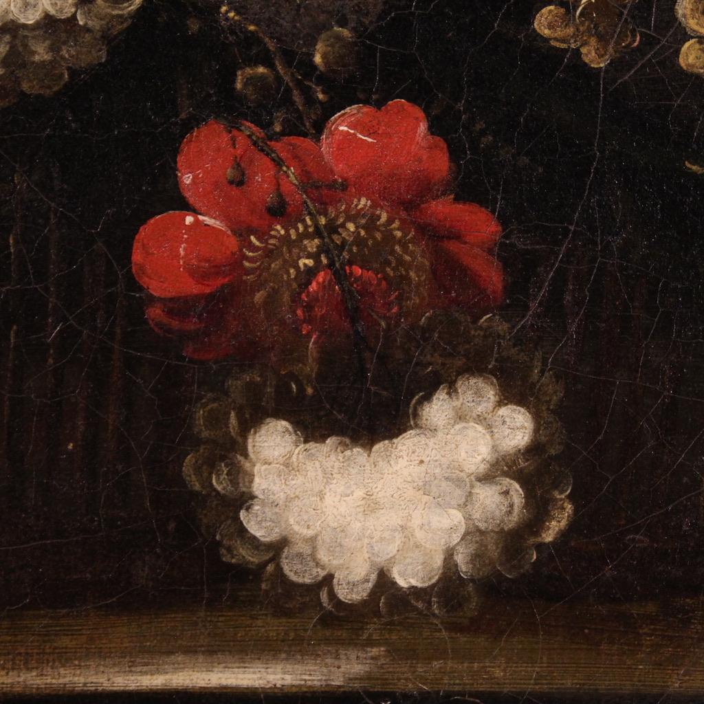 18th Century Oil on Canvas Italian Antique Still Life Painting Flowers, 1720 For Sale 10