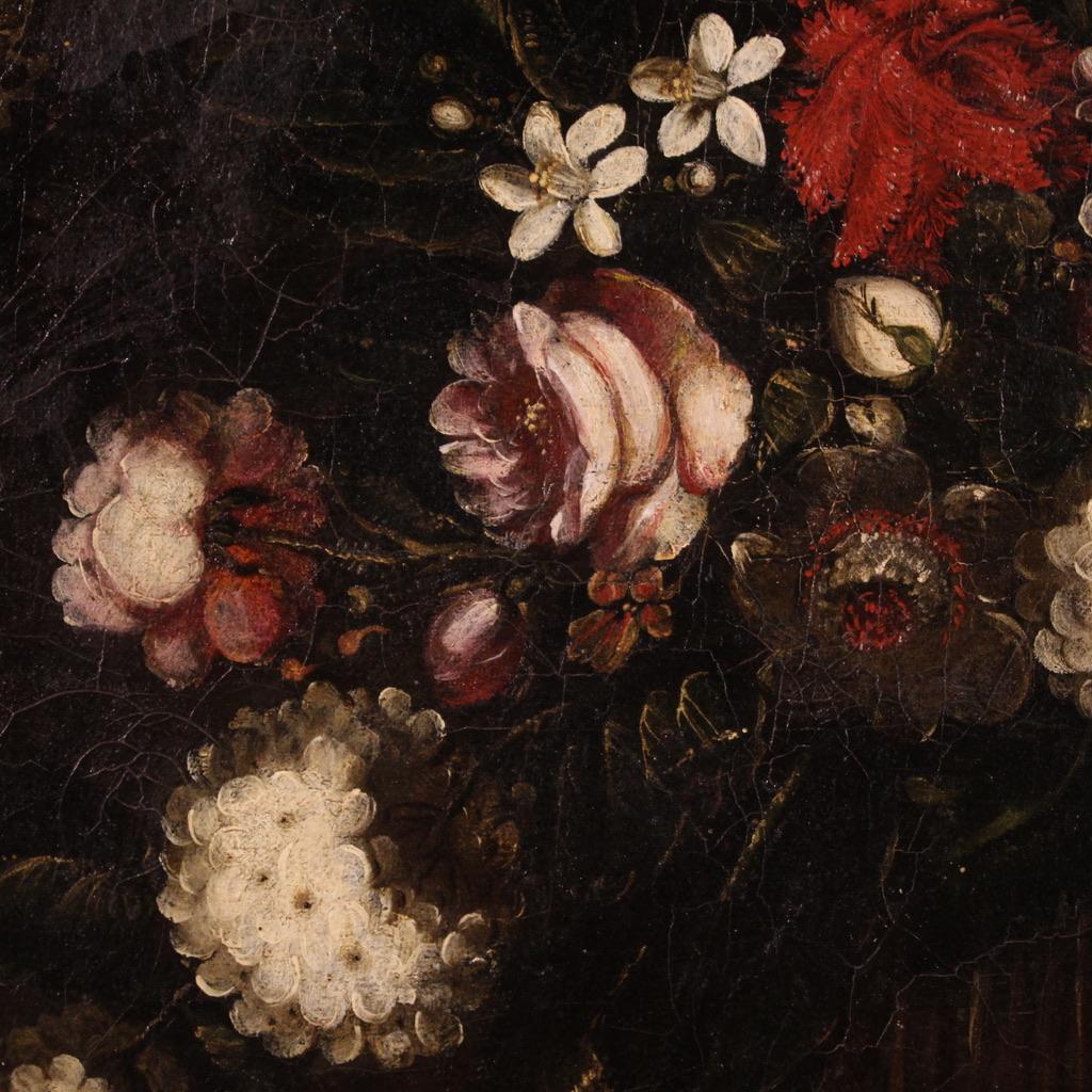 18th Century Oil on Canvas Italian Antique Still Life Painting Flowers, 1720 For Sale 11