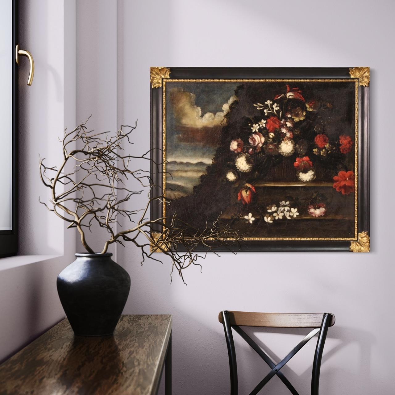 Early 18th Century 18th Century Oil on Canvas Italian Antique Still Life Painting Flowers, 1720 For Sale