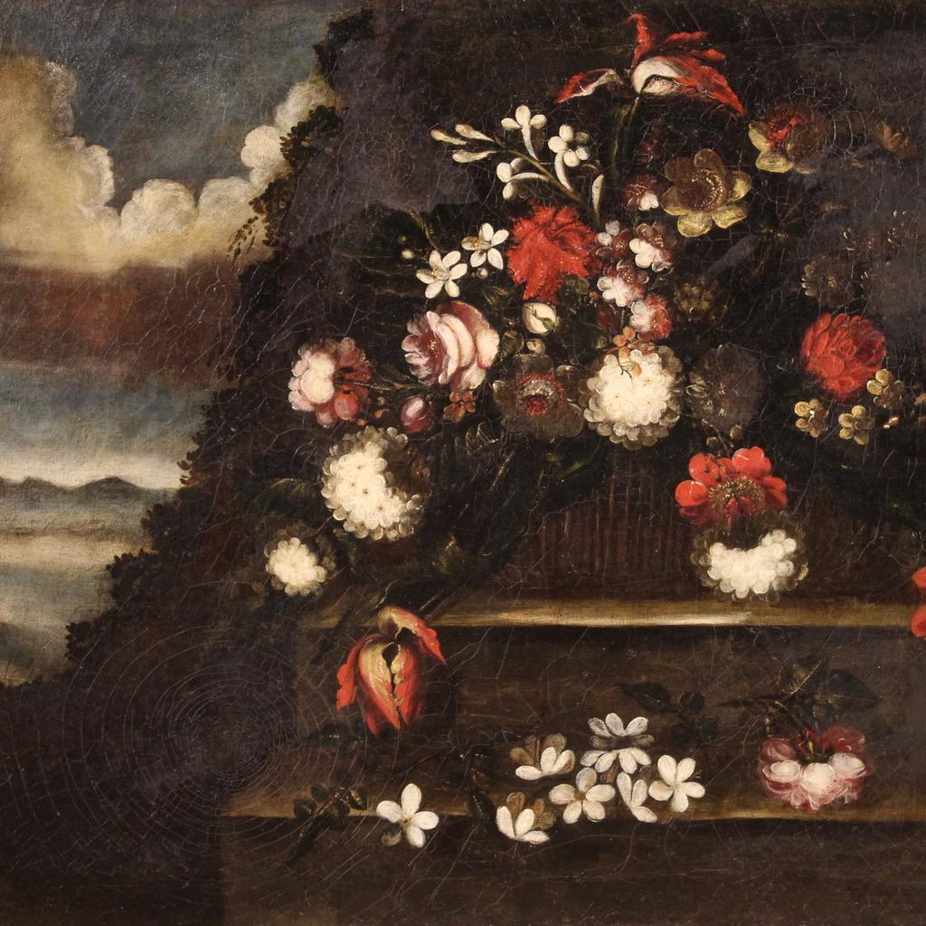 Toile huile sur toile du 18e siècle, Nature morte italienne antique, Fleurs, 1720 en vente