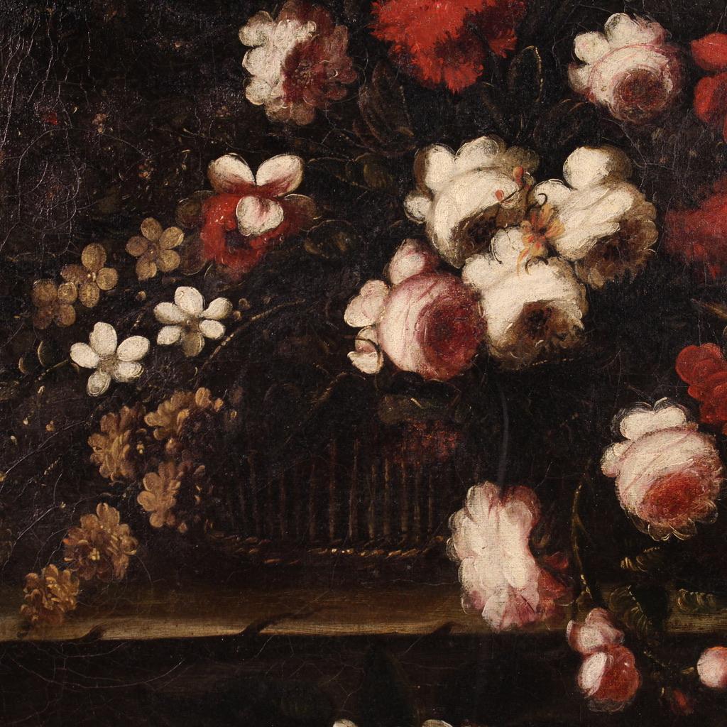 18th Century Oil on Canvas Italian Antique Still Life Painting Flowers, 1720 6