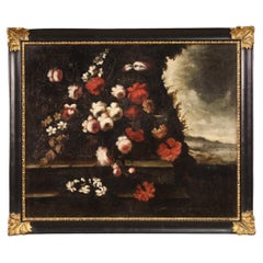 18th Century Oil on Canvas Italian Antique Still Life Painting Flowers, 1720