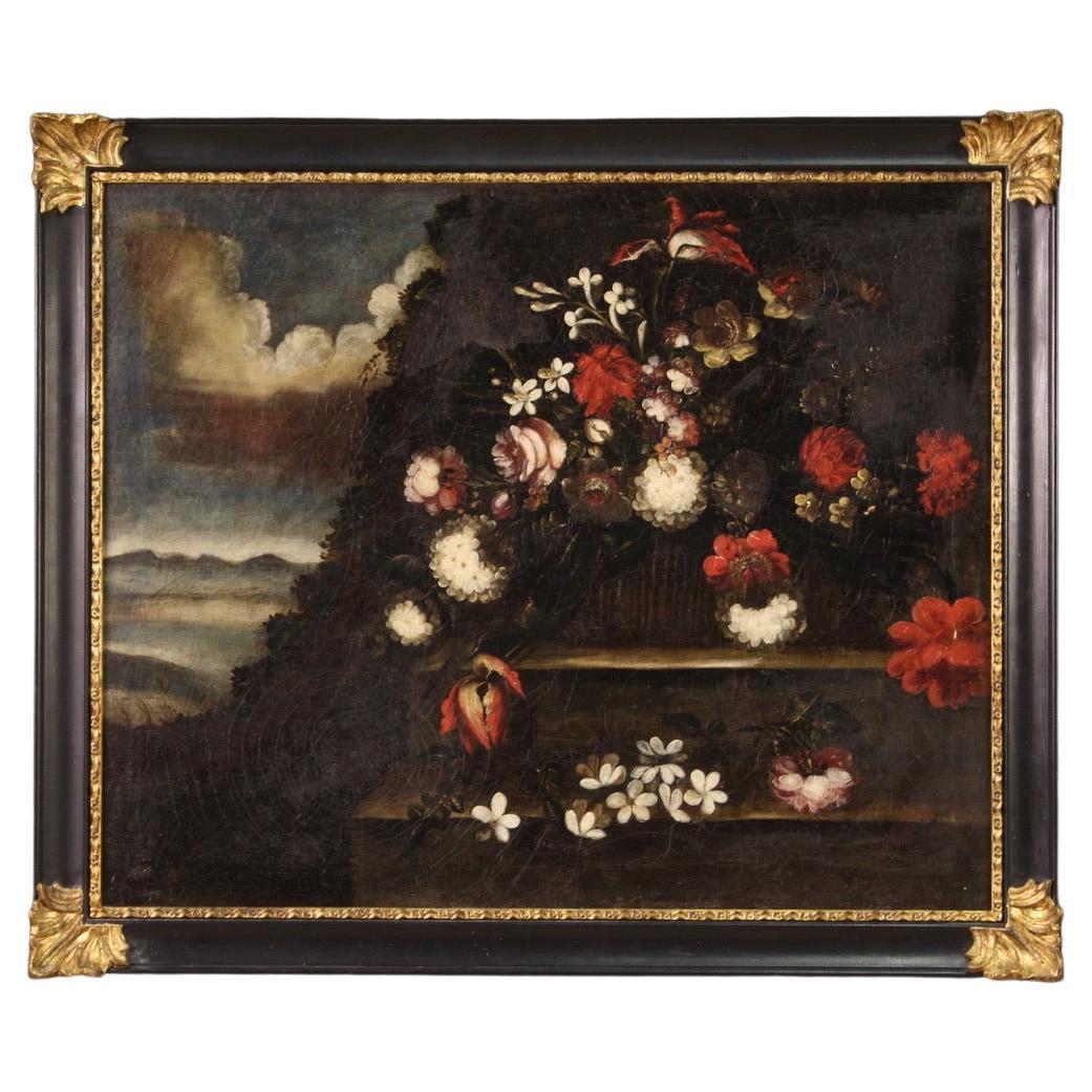 18th Century Oil on Canvas Italian Antique Still Life Painting Flowers, 1720