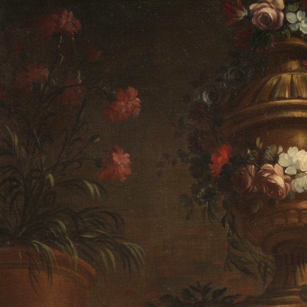 18th Century Oil on Canvas Italian Antique Still Life Painting Vase with Flowers en venta 4